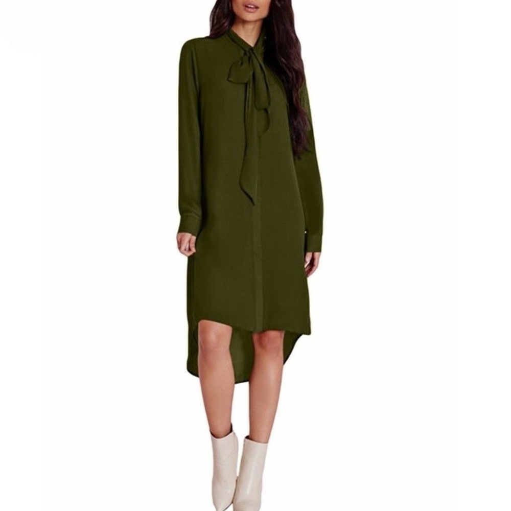 Fashion Women Shirt Dress Bow Long sleeve